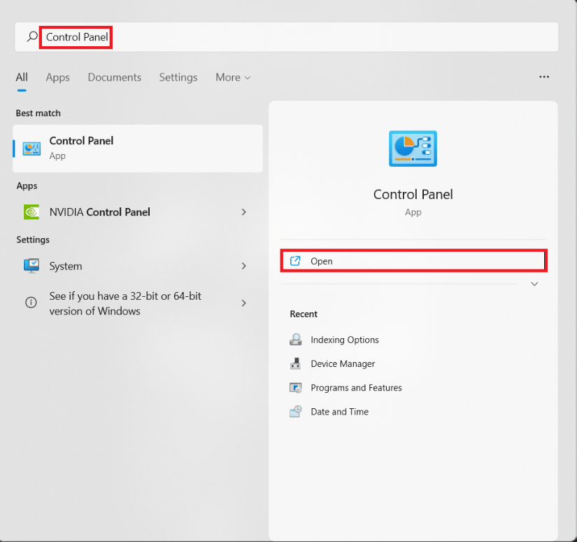Start menu search results for Control Panel. How to Enable Hibernate Power Option in Windows 11