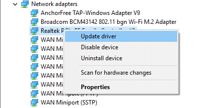 Click on Update driver. Ethernet doesn't have a valid IP configuration error