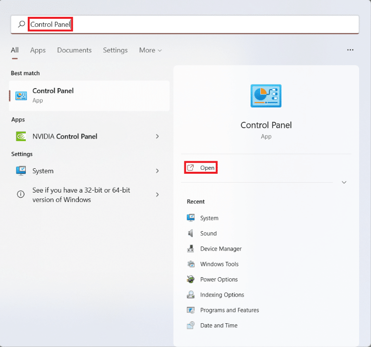 Start menu search results for Control Panel. How to Change Lid Open Action in Windows 11