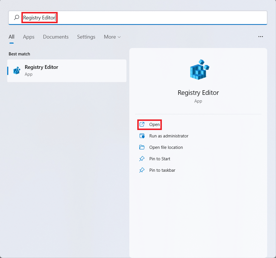 Start menu search results for Registry Editor