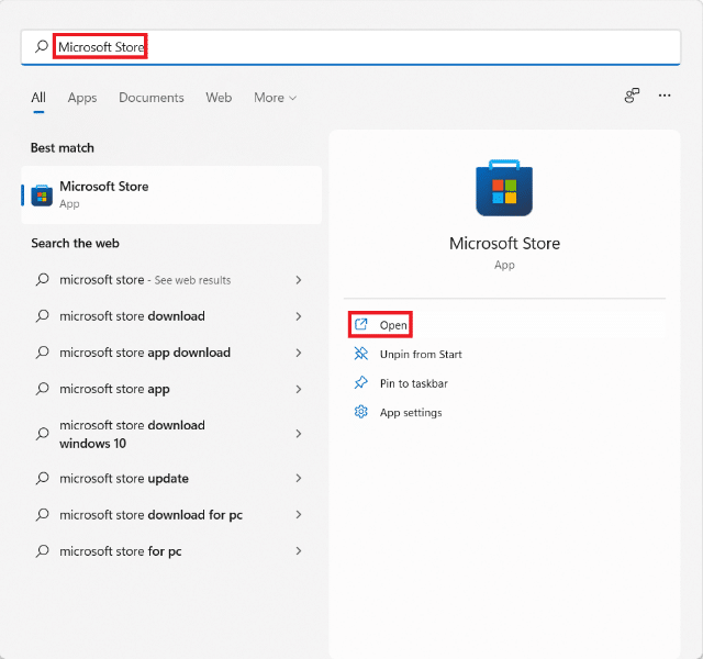 Start menu search results for Microsoft Store. How to fix Halo Infinite All Fireteam Members Are Not on the Same Version Error in Windows 11