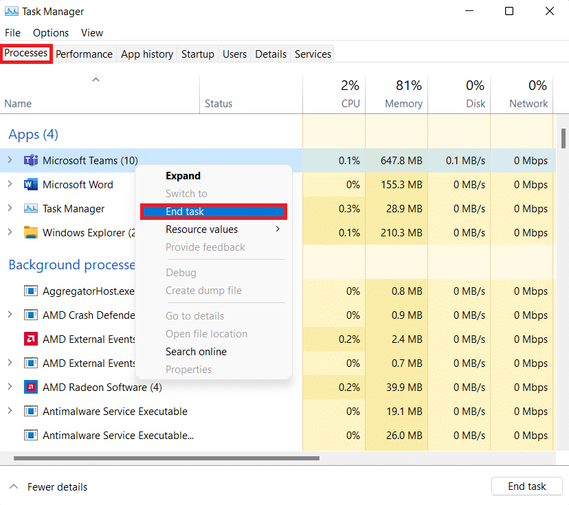 Ending task in processes tab of Task Manager
