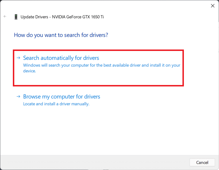 click on Search automatically for drivers in Update Drivers wizard