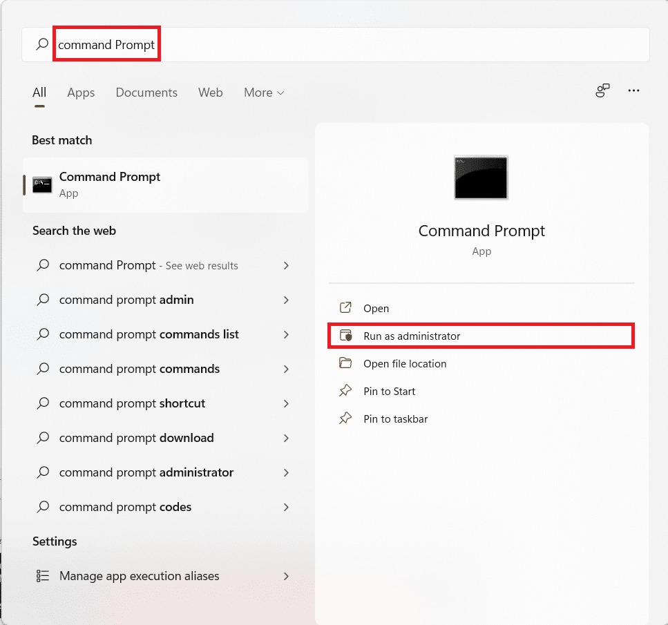Start menu search results for Command Prompt. How to Fix Blank Icons in Windows 11