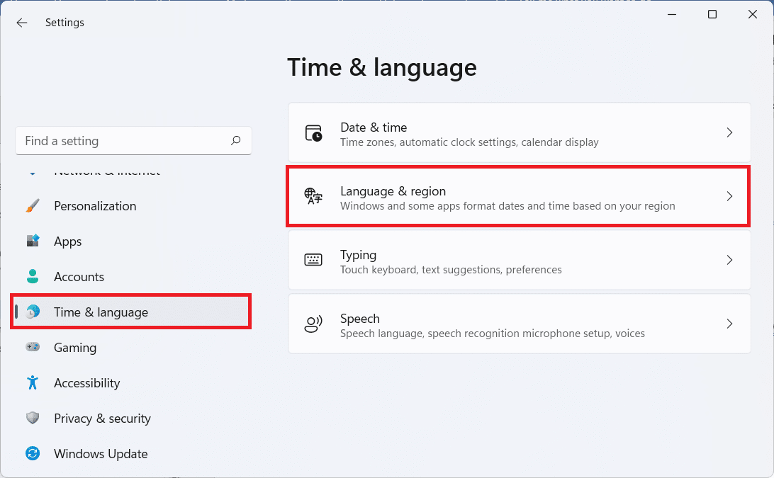 Time and language section in the Settings app