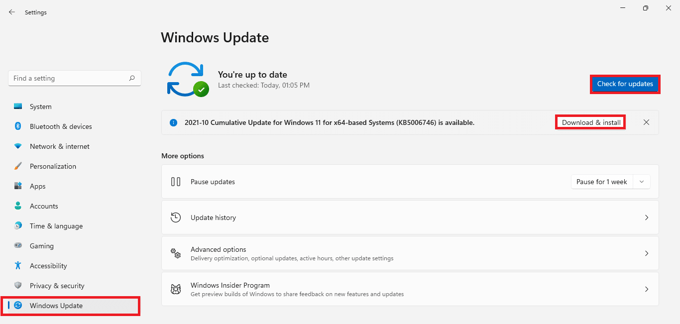 Windows update tab in Settings app
