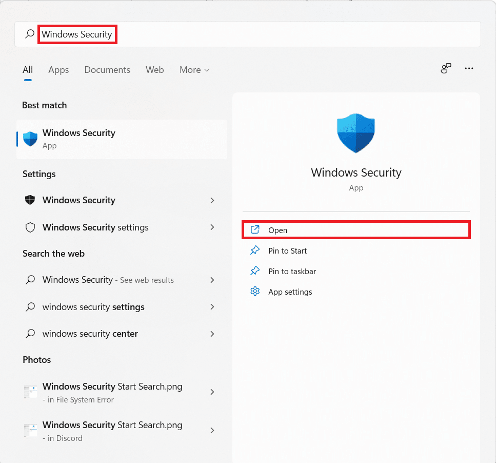 Start menu search results for Windows security