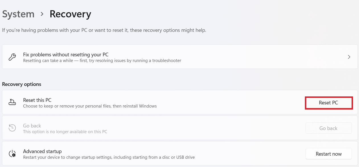 Reset this PC option in Recovery
