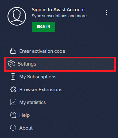 click on Settings from the dropdown list Avast Free Antivirus. 