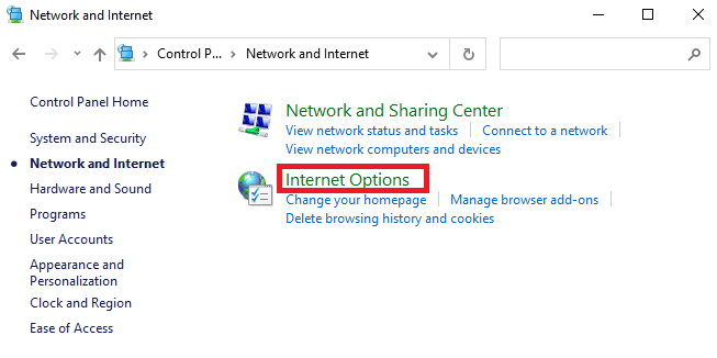 Here, click on Internet Options
