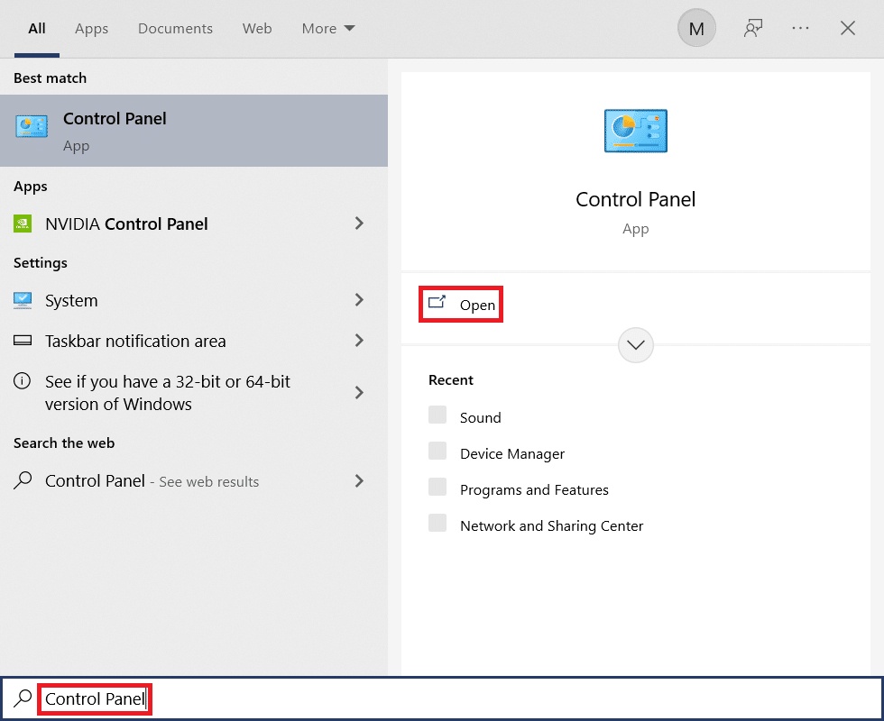 Start menu search results for Control Panel. Fix Event 1000 Application Error in Windows 10