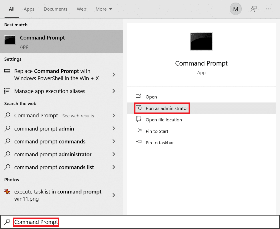 Start menu search results for Command Prompt. Fix ERR Connection Reset Windows 10