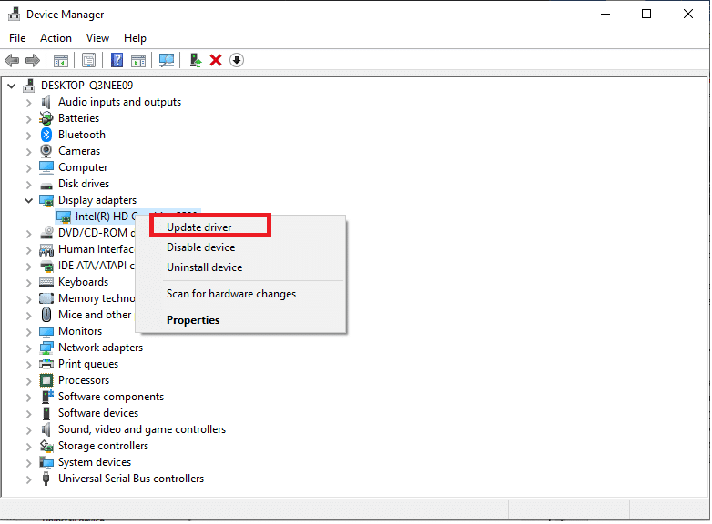 right-click on your driver and select Update driver, as shown