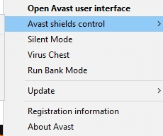 Now, select the Avast shields control option, and you can temporarily disable Avast 