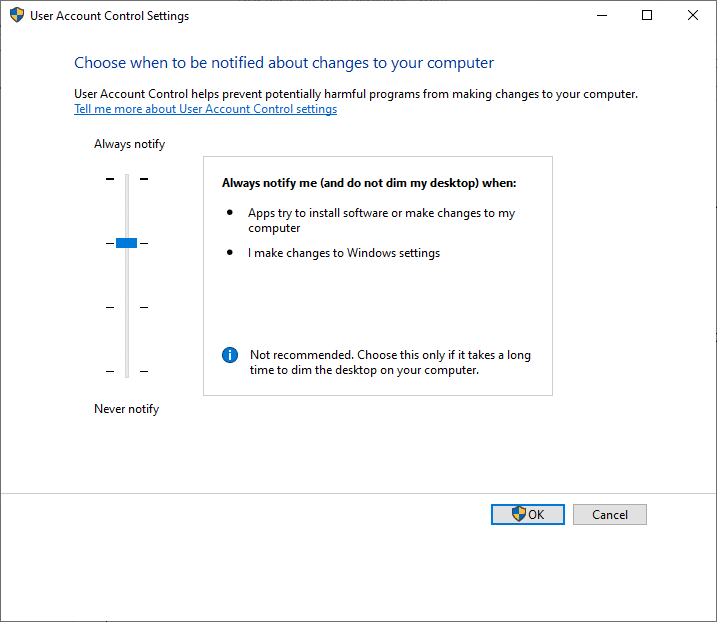 Always notify me and do not dim my desktop. Fix INET E Security Problem