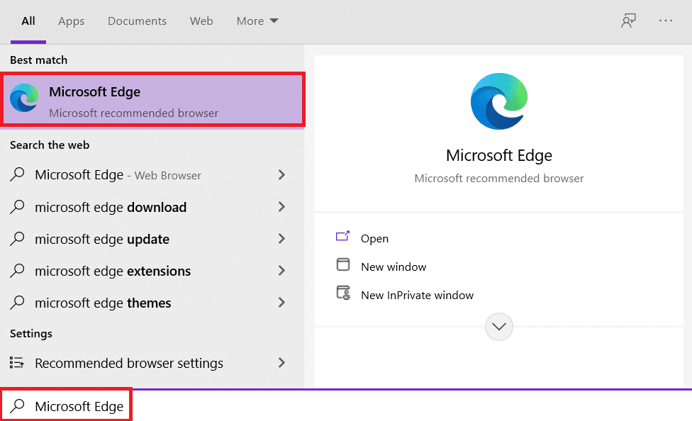 В меню «Пуск» введите Microsoft Edge и нажмите Enter, чтобы запустить его.