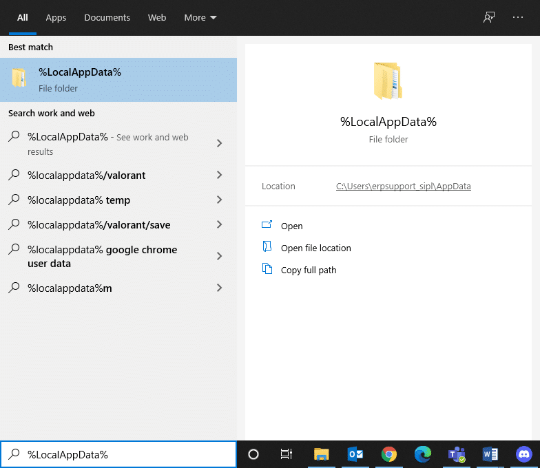 Abra LocalAppData desde la barra de búsqueda de Windows