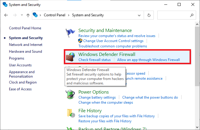 click on Windows Defender Firewall