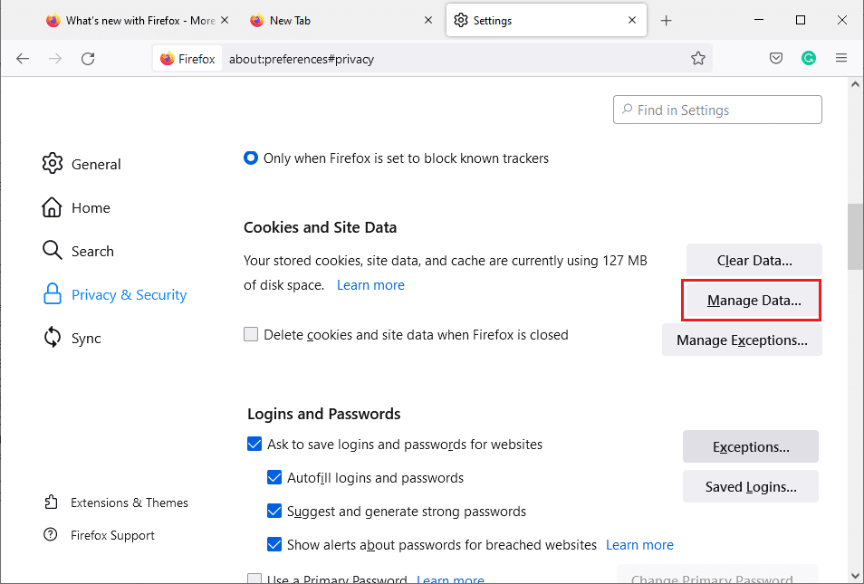 Now, click on the Manage Data… button. Fix No Sound in Firefox on Windows 10