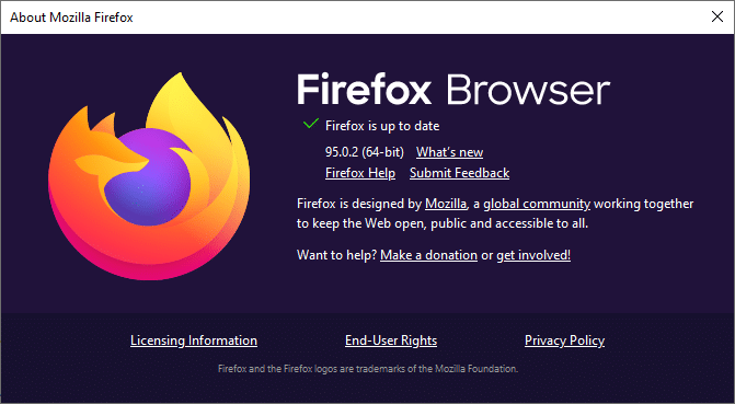 If the browser is updated to its latest version, it will display the message Firefox is up-to-date