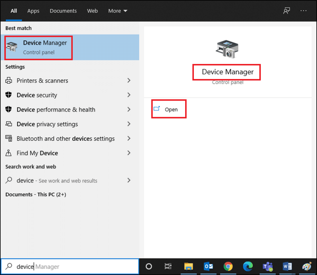 Type device manager in the windows search bar and open.