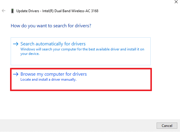 Now, click on Browse my computer for drivers to locate and install a driver manually
