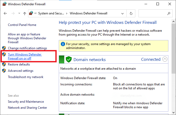 Now, select the Turn Windows Defender Firewall on or off option at the left menu