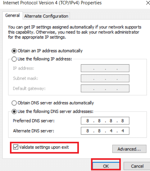 select Validate settings upon exit and click on OK.