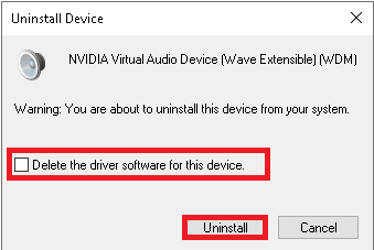 check the box Delete the driver software for this device and confirm the warning prompt by clicking Uninstall.