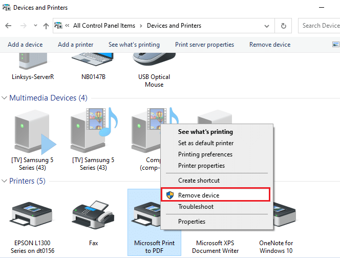 Then, right-click on the printer and select the Remove device option to fix the handle is invalid