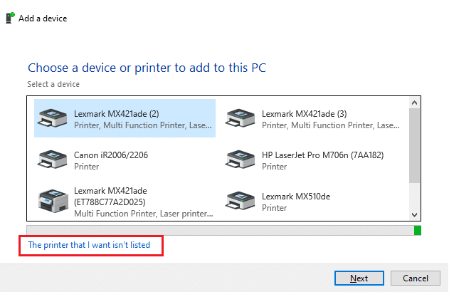 Now, select The printer that I want isn’t listed option to fix the handle is invalid error