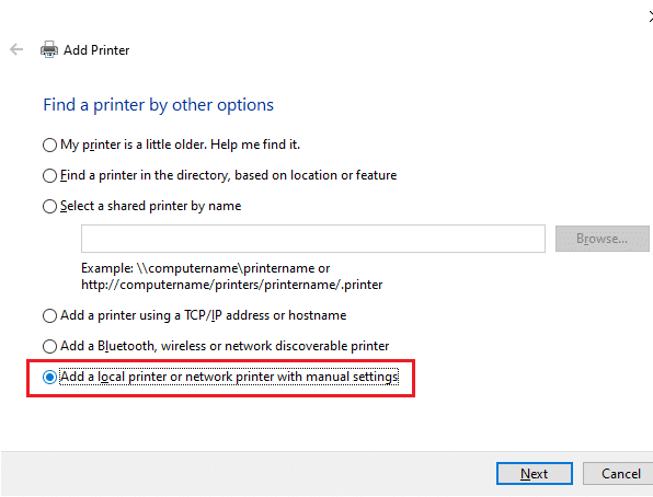 Then, click on Add a local printer or network printer with manual settings as shown and click on Next to fix the handle is invalid error