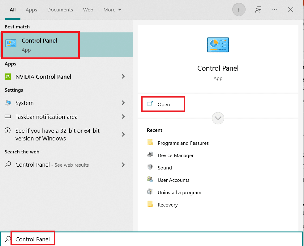 Control Panel in the Windows Search Bar