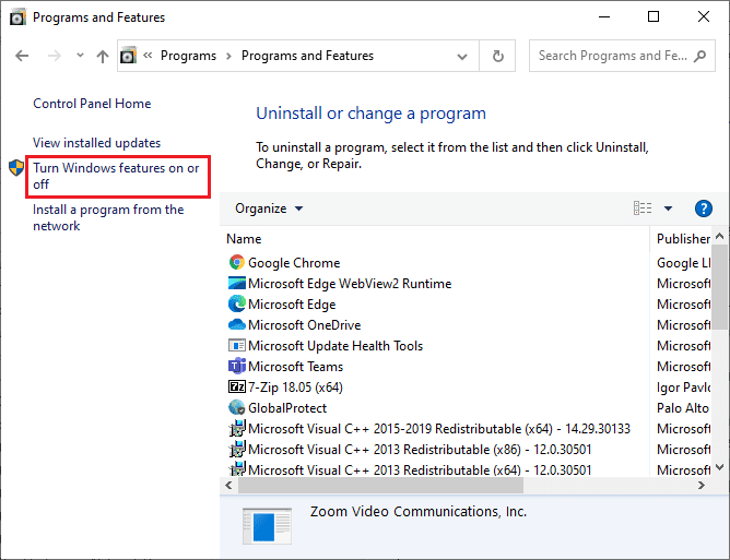 Turn Windows features on or off option 