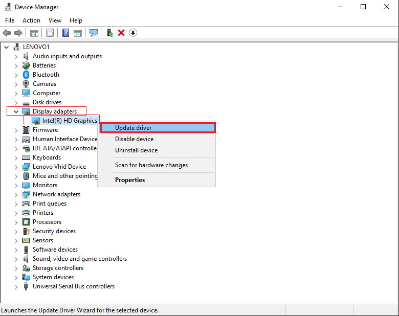 Right-click on your Graphics driver and select Update Driver