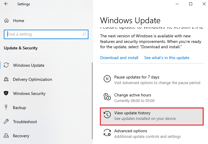 Now, click on View update history option. Fix Can’t Install Cumulative Update KB5008212 in Windows 10
