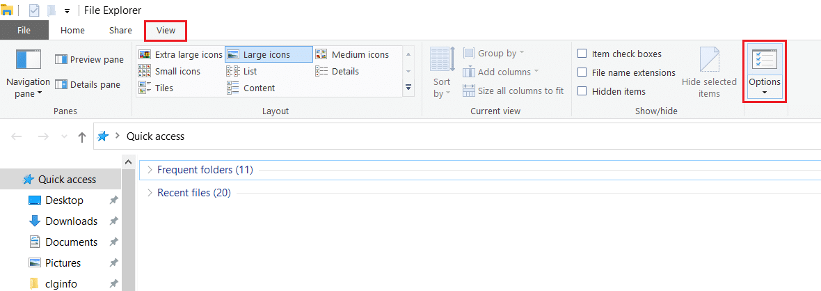 click on View and Options in File Explorer