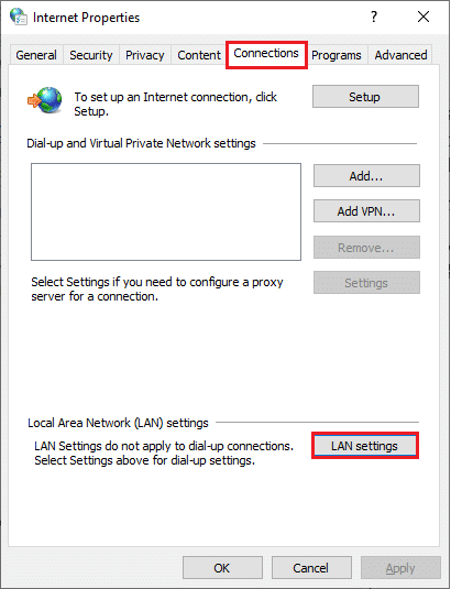 Now, in the Internet Properties window, switch to the Connections tab and select LAN settings 