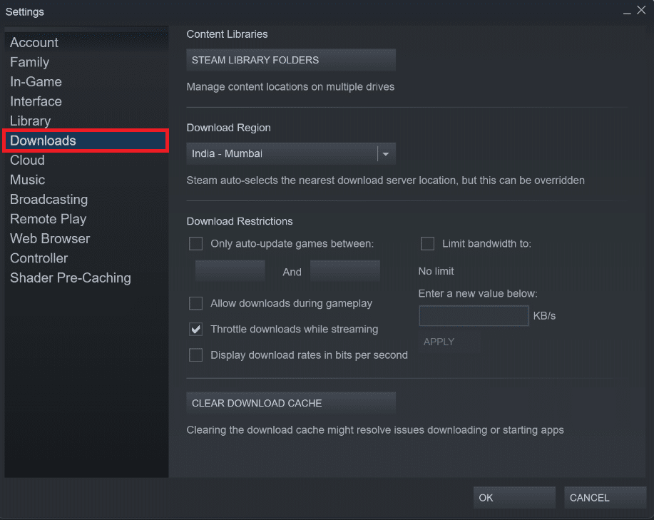 downloads settings. Fix Steam Missing File Privileges in Windows 10