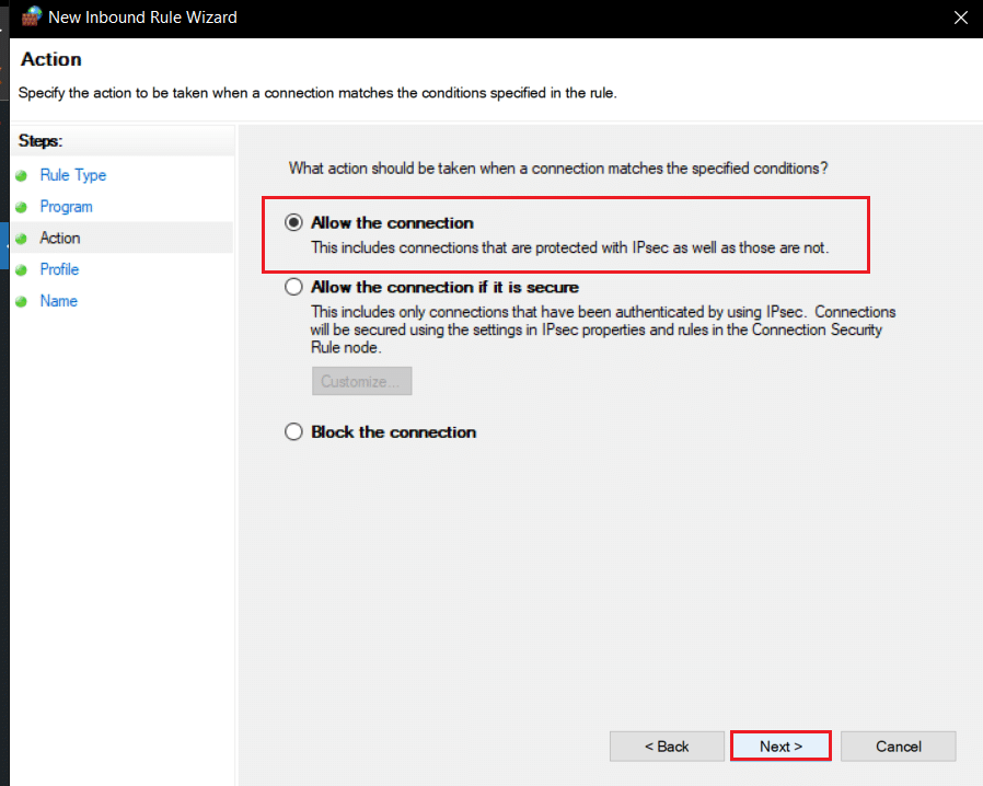 select Allow the connection option in New inbound rule wizard
