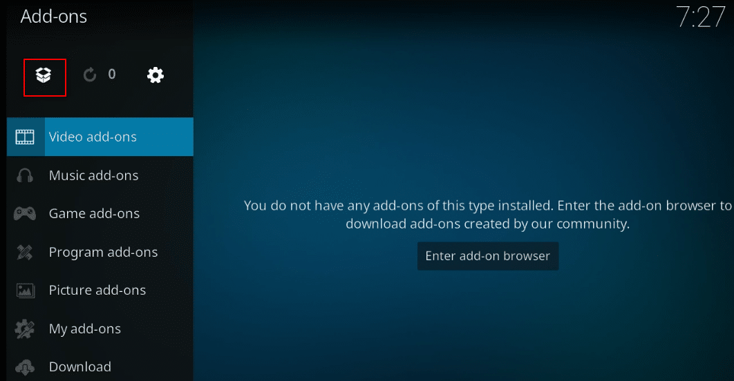 Click on the open box icon. Fix Kodi Ares Wizard Not Working