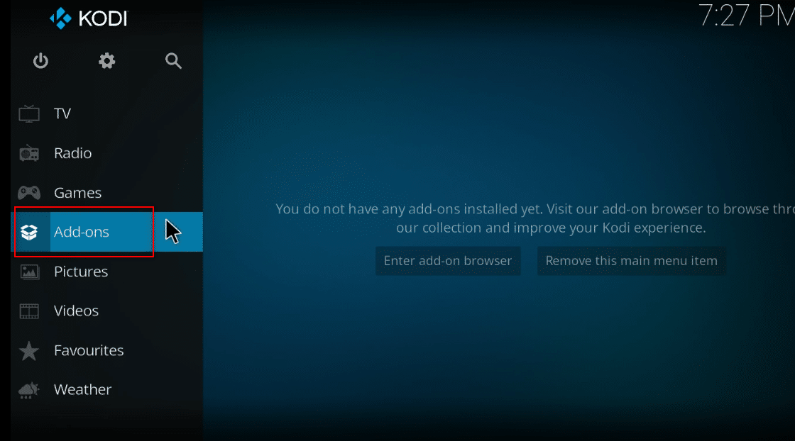 find Add ons tab and click on it. Fix Kodi Ares Wizard Not Working