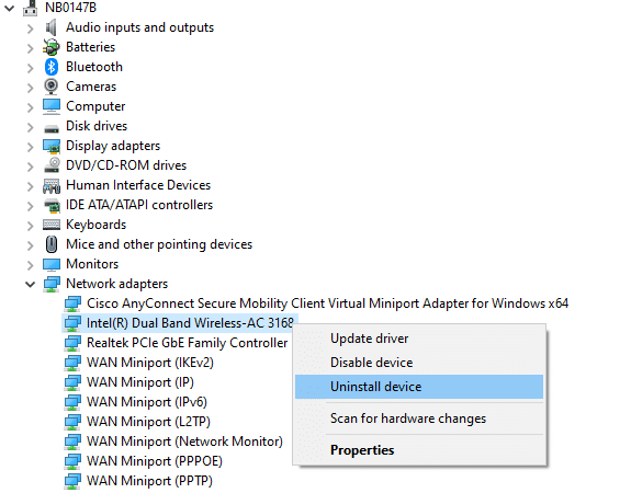 Now, right click on the driver and select Uninstall device. Fix Internet Keeps Dropping on Windows 10