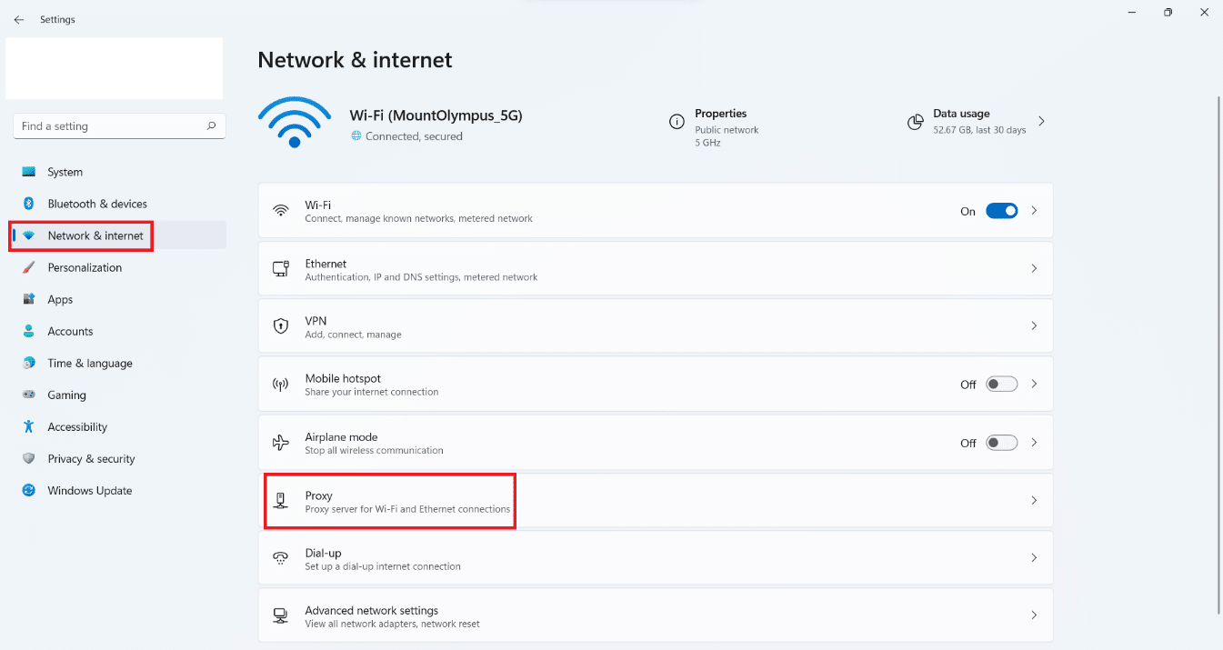 Proxy option in Network & internet section in Settings.