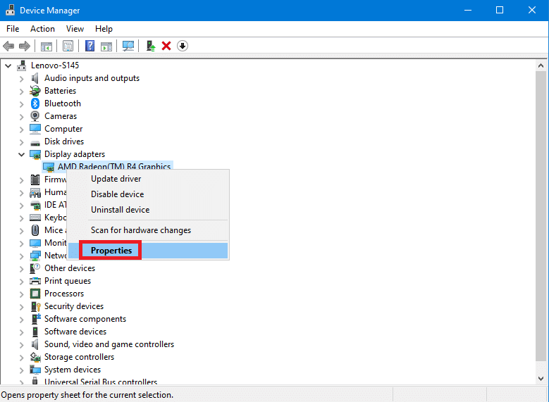Properties option in Device Manager