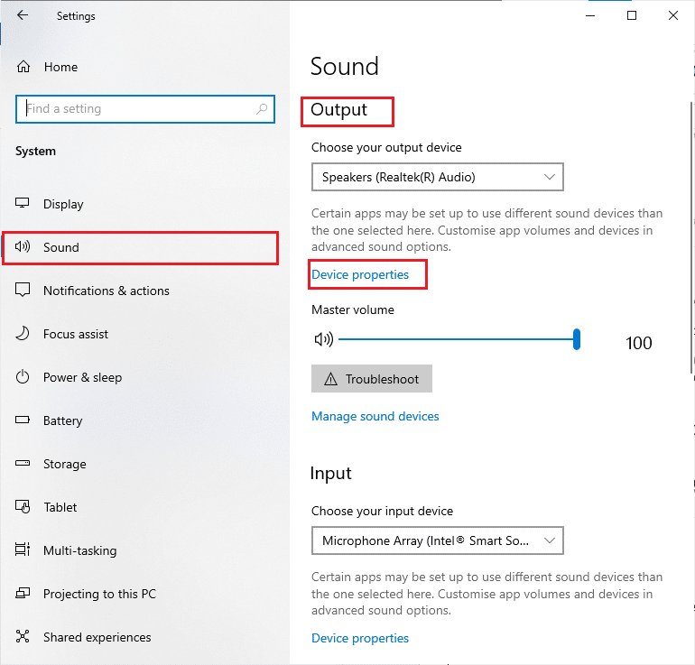 Then, click on Sound from the left pane and click on Device properties under the Output menu. Fix Windows 10 Audio Error 0xc00d4e86