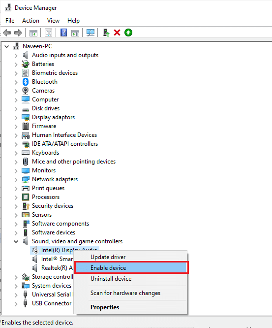 Next, right click on your sound card and select the Enable device option
