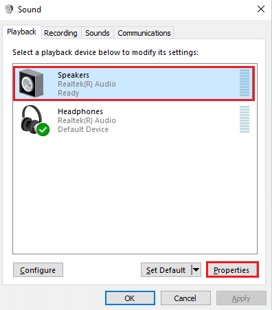 Then, select your Logitech audio device Speakers and click on the Properties button 