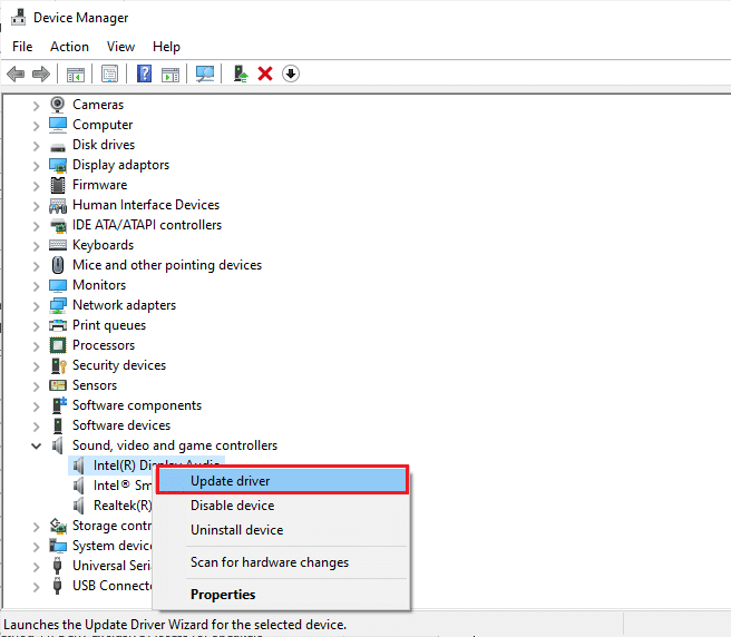Right click on your audio device and select Update driver.