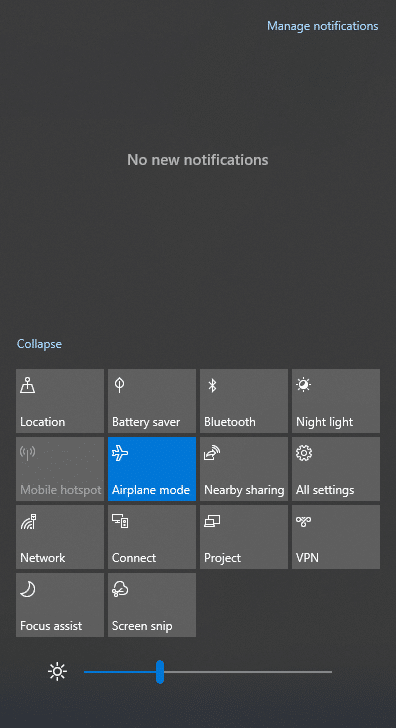Нажмите и удерживайте клавиши Windows A, чтобы открыть Центр действий. Проверьте, включен ли режим полета